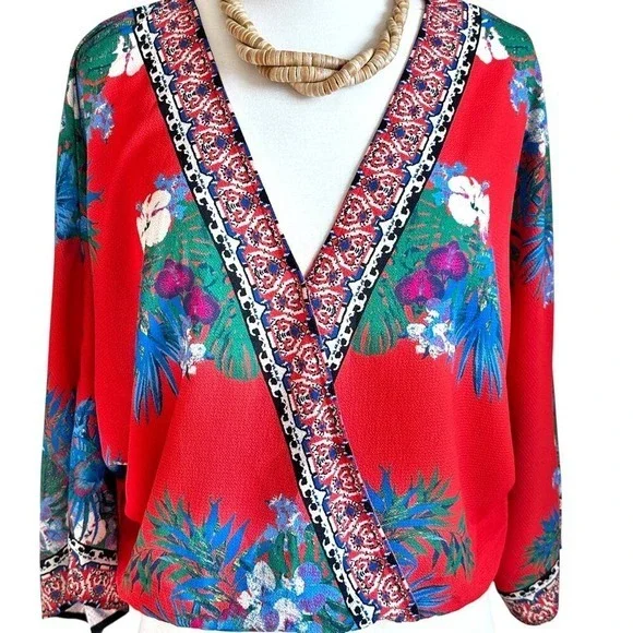 Flying Tomato Wrap Blouse Orange Multicolor Boho Tropical Elastic Waist Medium - Picture 3 of 12